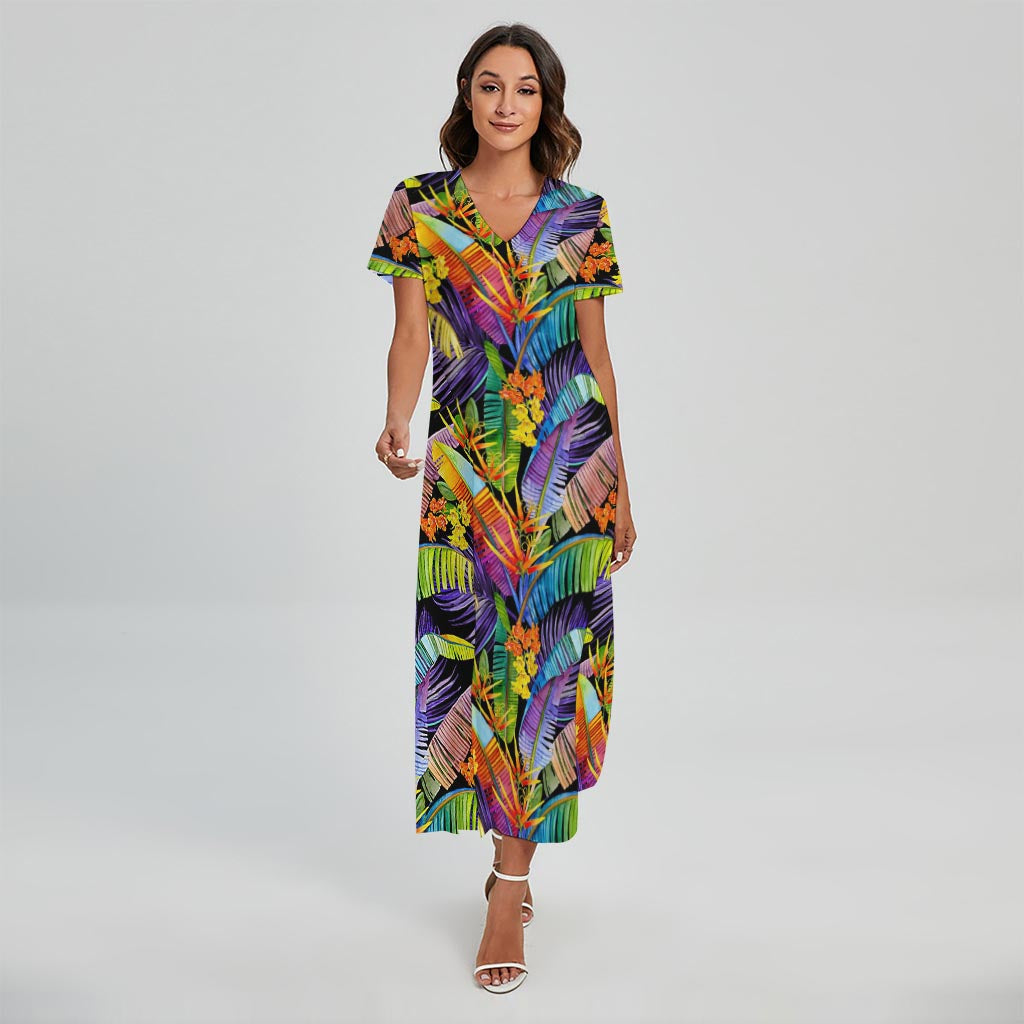 Colorful Leaves Tropical Pattern Print Short Sleeve Maxi Dress