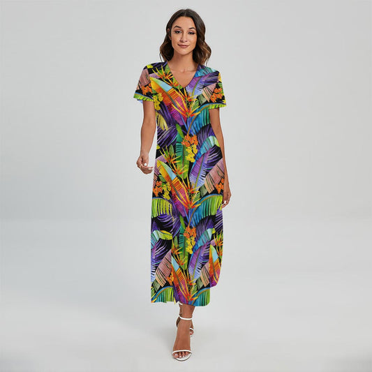 Colorful Leaves Tropical Pattern Print Short Sleeve Maxi Dress