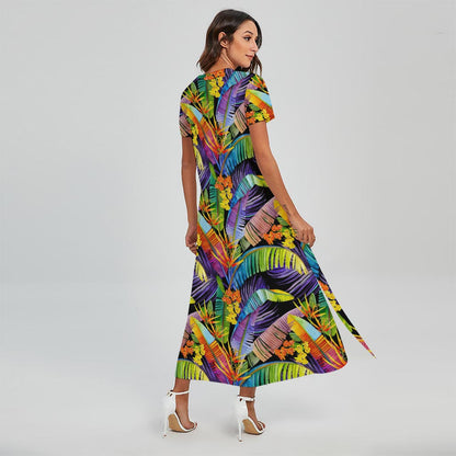 Colorful Leaves Tropical Pattern Print Short Sleeve Maxi Dress