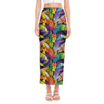 Colorful Leaves Tropical Pattern Print Side Slit Maxi Skirt