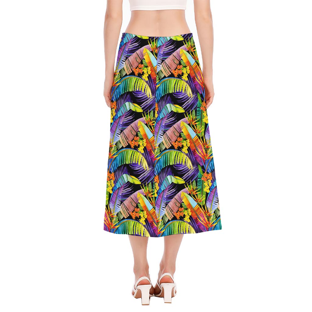 Colorful Leaves Tropical Pattern Print Side Slit Midi Skirt