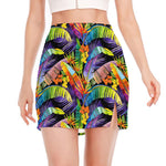 Colorful Leaves Tropical Pattern Print Side Slit Mini Skirt