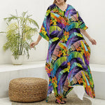 Colorful Leaves Tropical Pattern Print Silk V-Neck Kaftan Dress