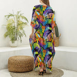 Colorful Leaves Tropical Pattern Print Silk V-Neck Kaftan Dress