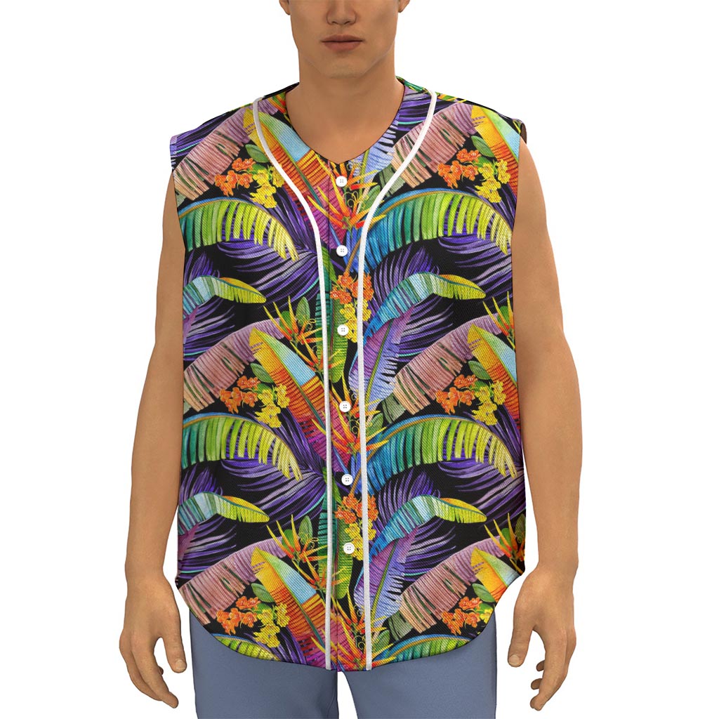 Colorful Leaves Tropical Pattern Print Sleeveless Baseball Jersey