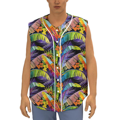 Colorful Leaves Tropical Pattern Print Sleeveless Baseball Jersey