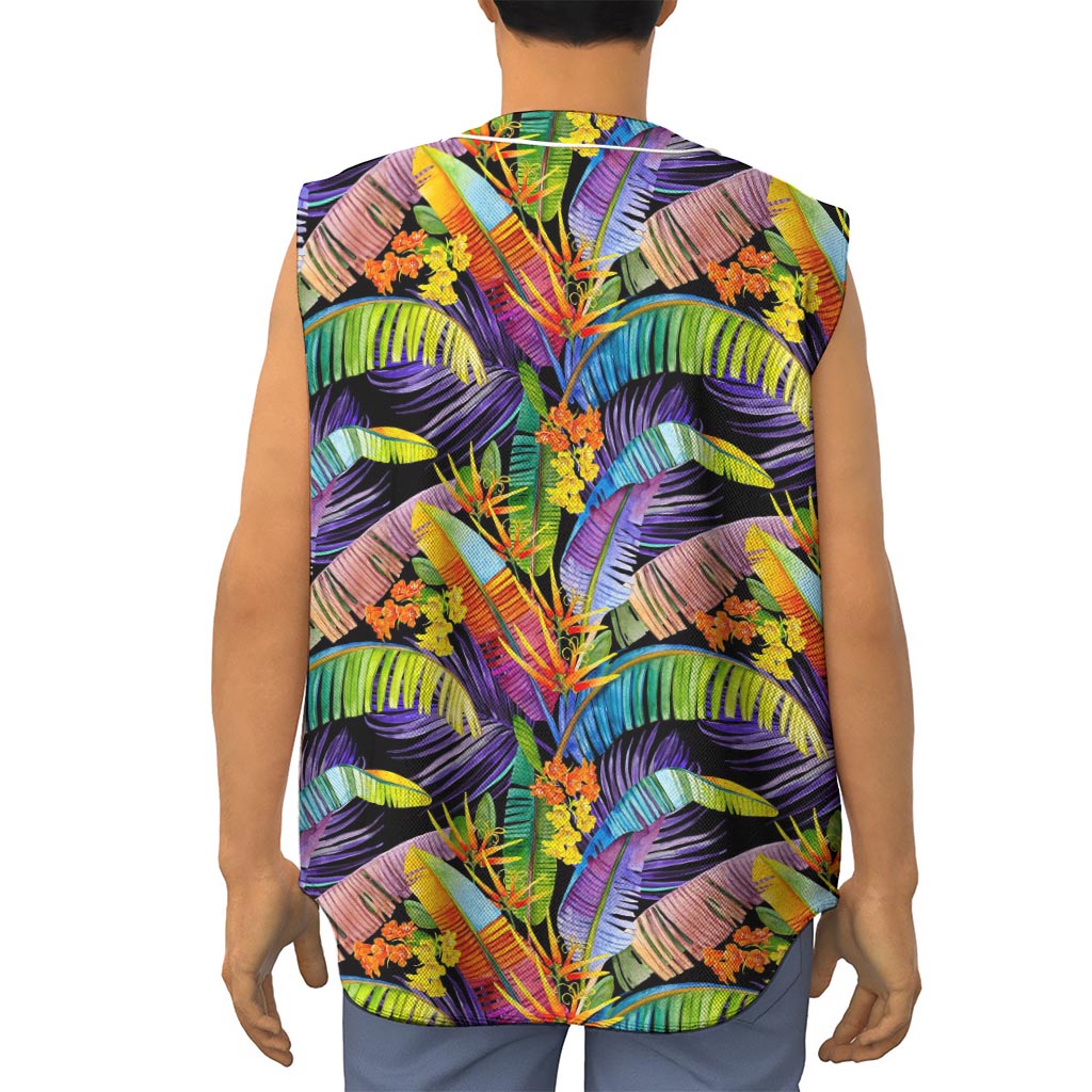 Colorful Leaves Tropical Pattern Print Sleeveless Baseball Jersey