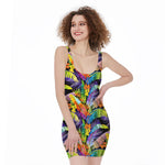 Colorful Leaves Tropical Pattern Print Sleeveless Bodycon Dress