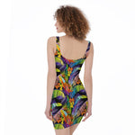 Colorful Leaves Tropical Pattern Print Sleeveless Bodycon Dress