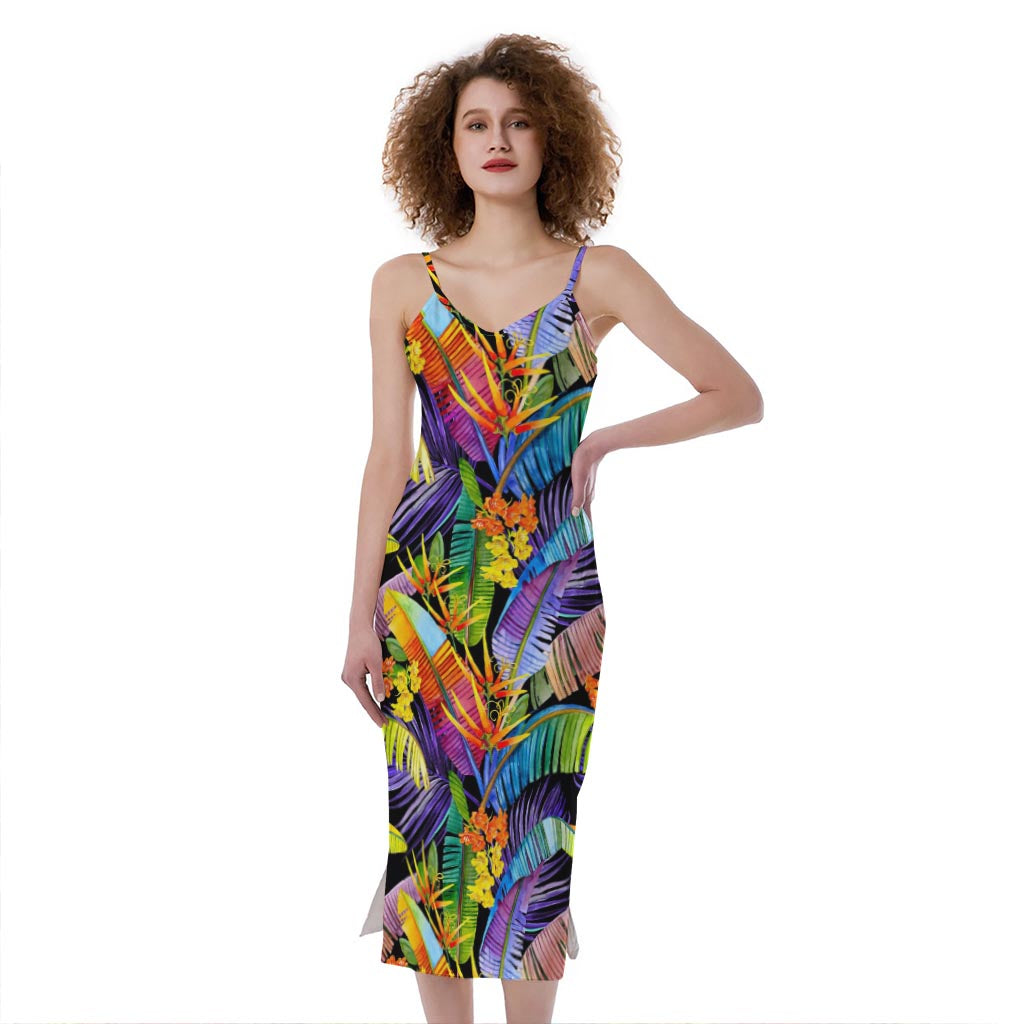 Colorful Leaves Tropical Pattern Print Slim Fit Midi Cami Dress