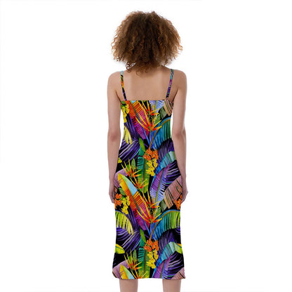 Colorful Leaves Tropical Pattern Print Slim Fit Midi Cami Dress