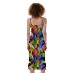 Colorful Leaves Tropical Pattern Print Slim Fit Midi Cami Dress