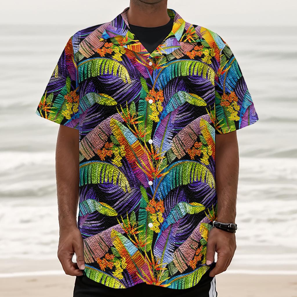 Colorful Leaves Tropical Pattern Print Textured Short Sleeve Shirt