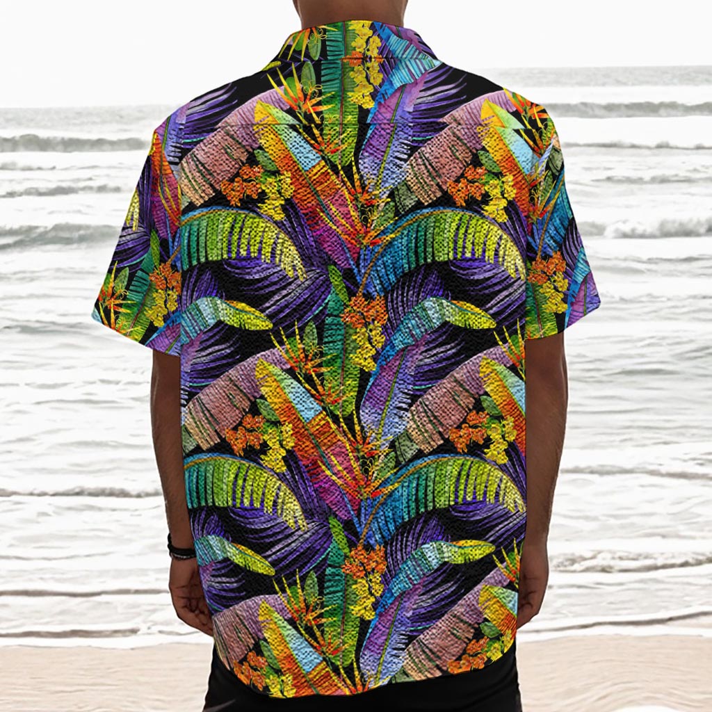 Colorful Leaves Tropical Pattern Print Textured Short Sleeve Shirt
