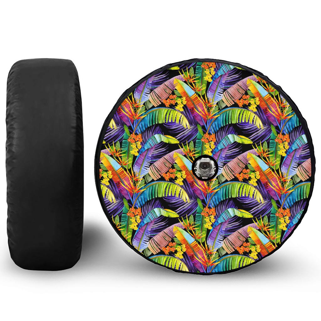 Colorful Leaves Tropical Pattern Print Tire Cover With Camera Hole