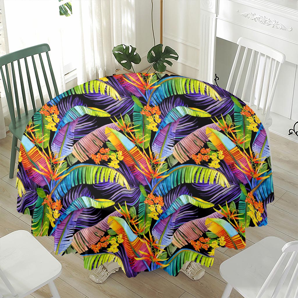 Colorful Leaves Tropical Pattern Print Waterproof Round Tablecloth