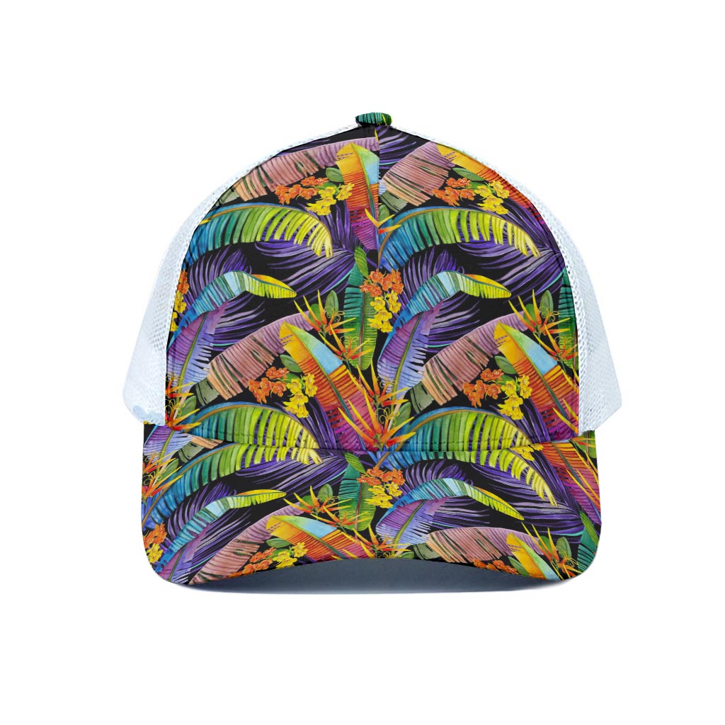 Colorful Leaves Tropical Pattern Print White Mesh Trucker Cap
