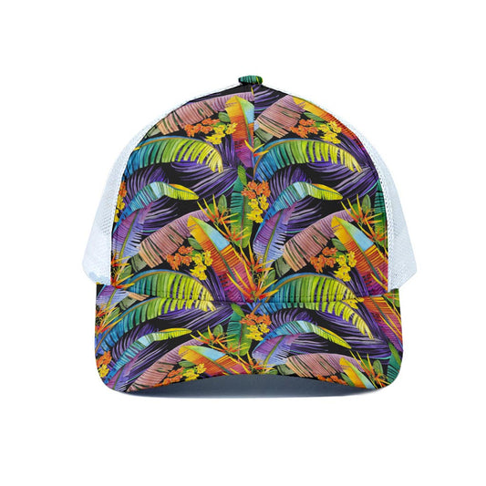Colorful Leaves Tropical Pattern Print White Mesh Trucker Cap