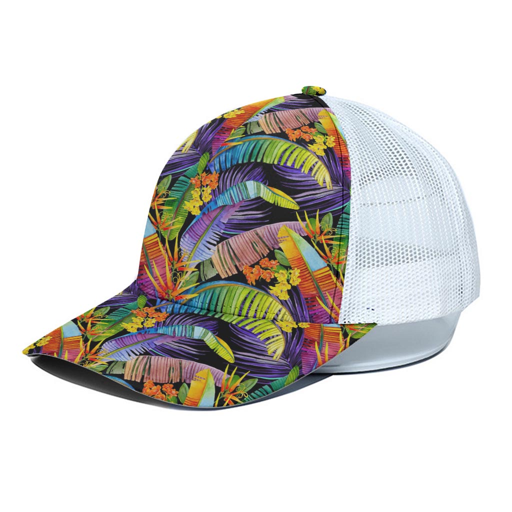 Colorful Leaves Tropical Pattern Print White Mesh Trucker Cap