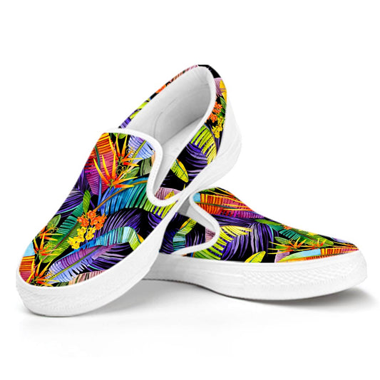 Colorful Leaves Tropical Pattern Print White Slip On Sneakers