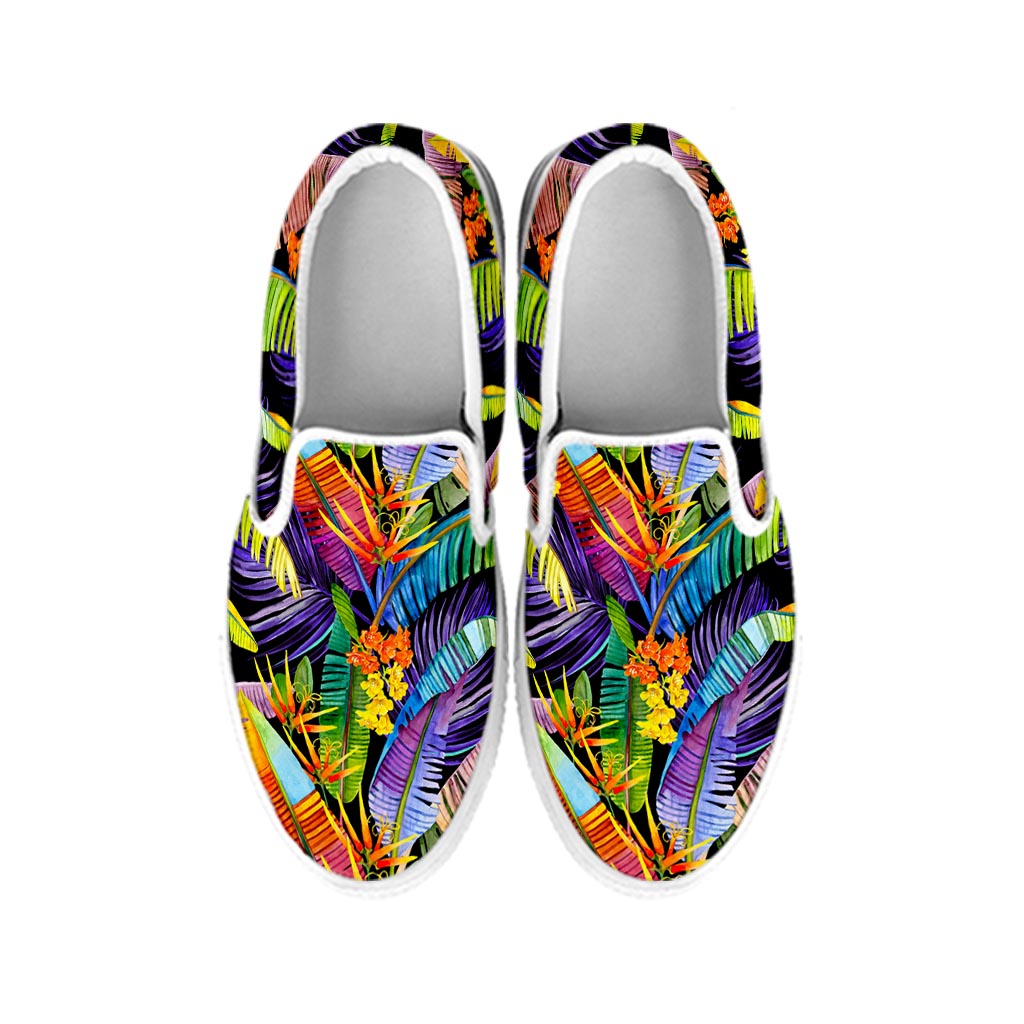 Colorful Leaves Tropical Pattern Print White Slip On Sneakers