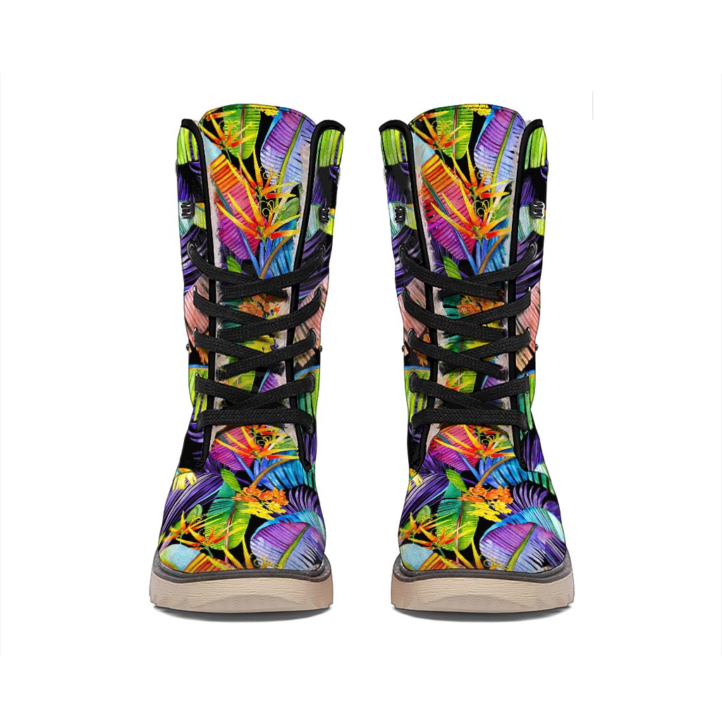 Colorful Leaves Tropical Pattern Print Winter Boots