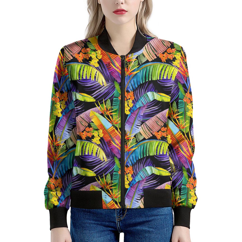 Colorful Leaves Tropical Pattern Print Women's Bomber Jacket