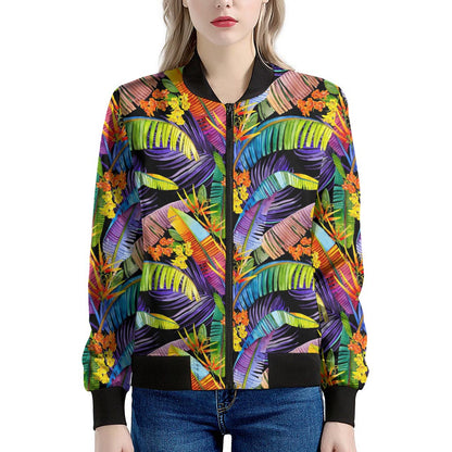 Colorful Leaves Tropical Pattern Print Women's Bomber Jacket
