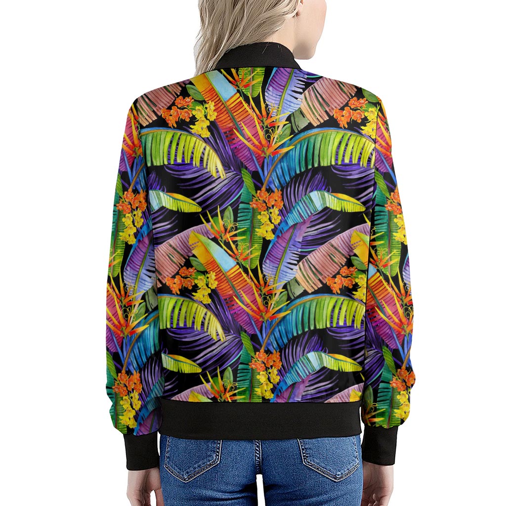 Colorful Leaves Tropical Pattern Print Women's Bomber Jacket