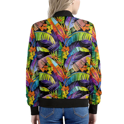 Colorful Leaves Tropical Pattern Print Women's Bomber Jacket
