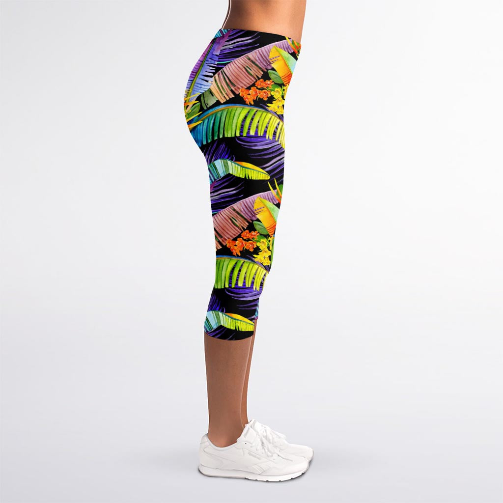 Colorful Leaves Tropical Pattern Print Women's Capri Leggings