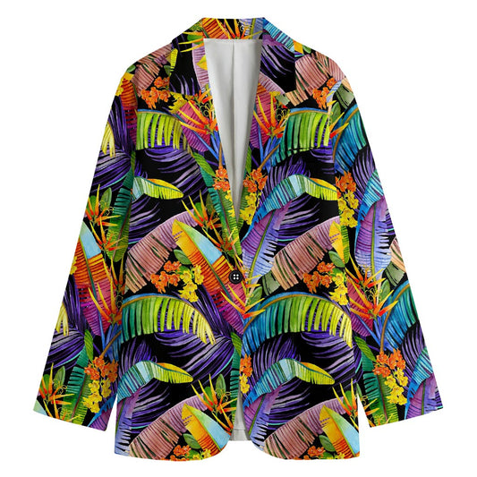 Colorful Leaves Tropical Pattern Print Women's Cotton Blazer