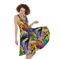 Colorful Leaves Tropical Pattern Print Sleeveless Knee Length Dress