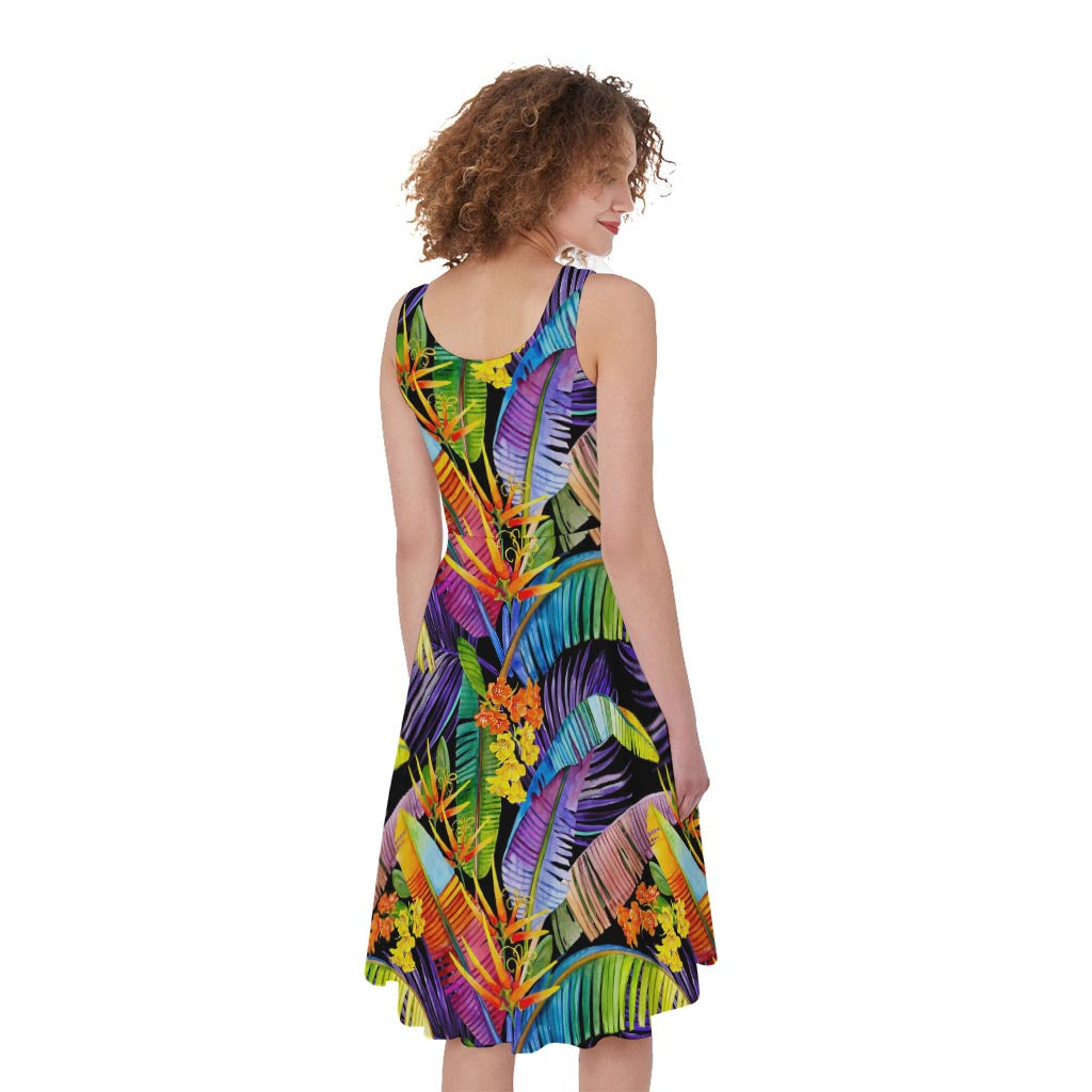 Colorful Leaves Tropical Pattern Print Women's Sleeveless Dress