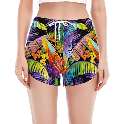 Colorful Leaves Tropical Pattern Print Women's Split Running Shorts