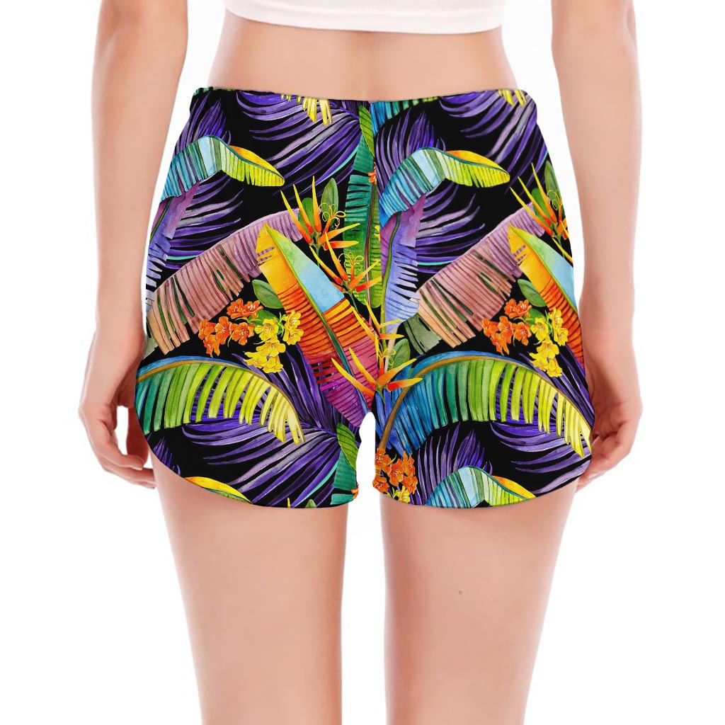 Colorful Leaves Tropical Pattern Print Women's Split Running Shorts