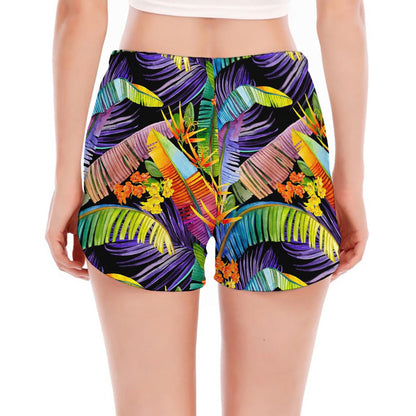 Colorful Leaves Tropical Pattern Print Women's Split Running Shorts