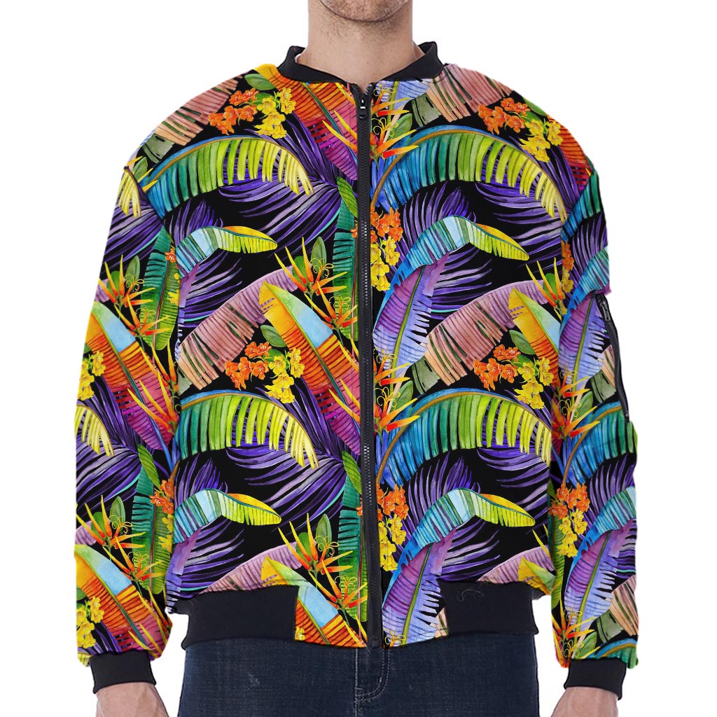 Colorful Leaves Tropical Pattern Print Zip Sleeve Bomber Jacket