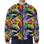 Colorful Leaves Tropical Pattern Print Zip Sleeve Bomber Jacket