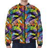 Colorful Leaves Tropical Pattern Print Zip Sleeve Bomber Jacket