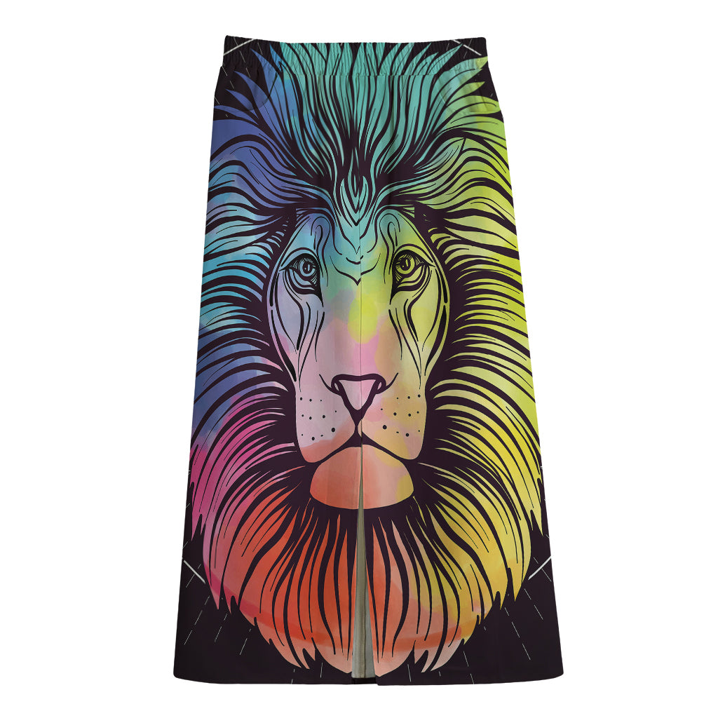 Colorful Leo Sign Print Cotton Front Slit Maxi Skirt