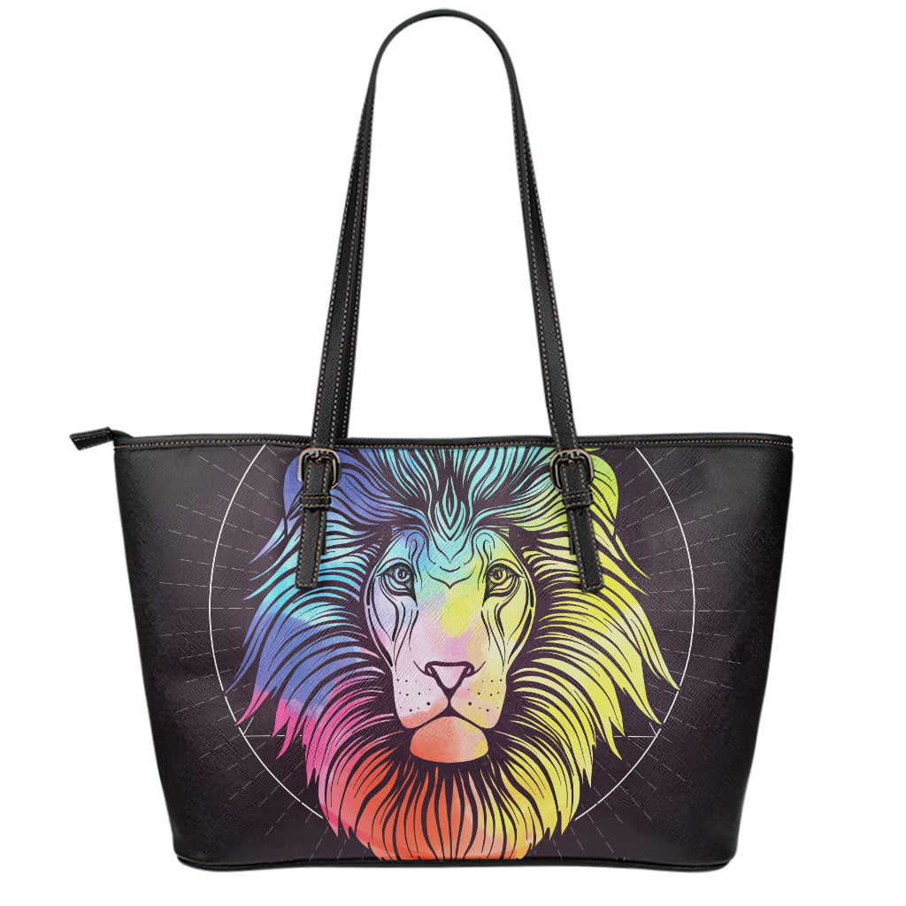 Colorful Leo Sign Print Leather Tote Bag