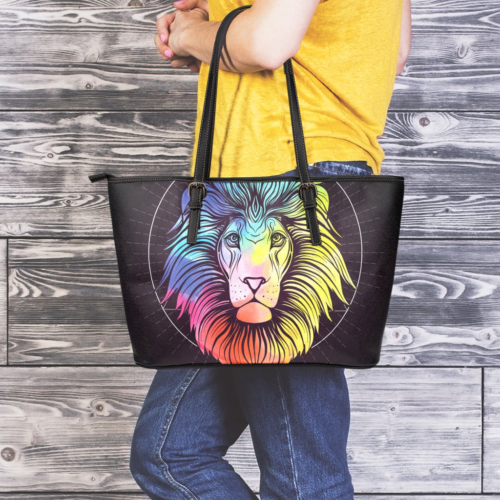 Colorful Leo Sign Print Leather Tote Bag