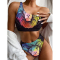 Colorful Leo Sign Print One Shoulder Bikini Set