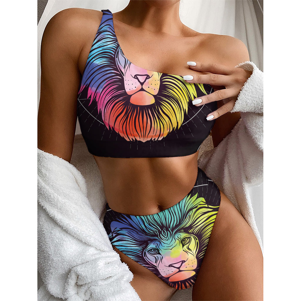 Colorful Leo Sign Print One Shoulder Bikini Top