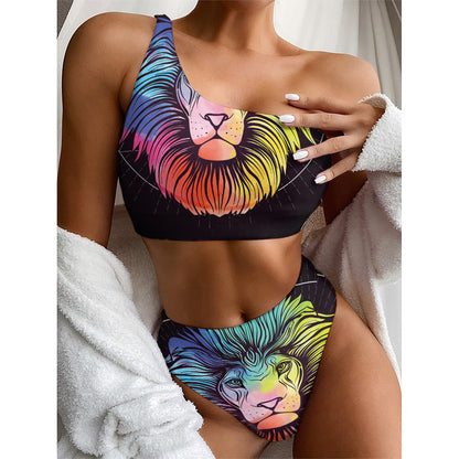 Colorful Leo Sign Print One Shoulder Bikini Top