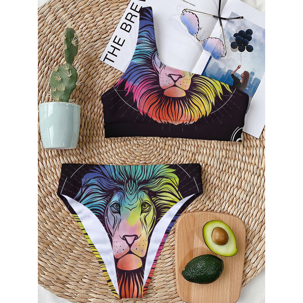 Colorful Leo Sign Print One Shoulder Bikini Top