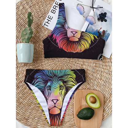 Colorful Leo Sign Print One Shoulder Bikini Top