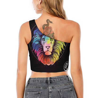 Colorful Leo Sign Print One Shoulder Crop Top