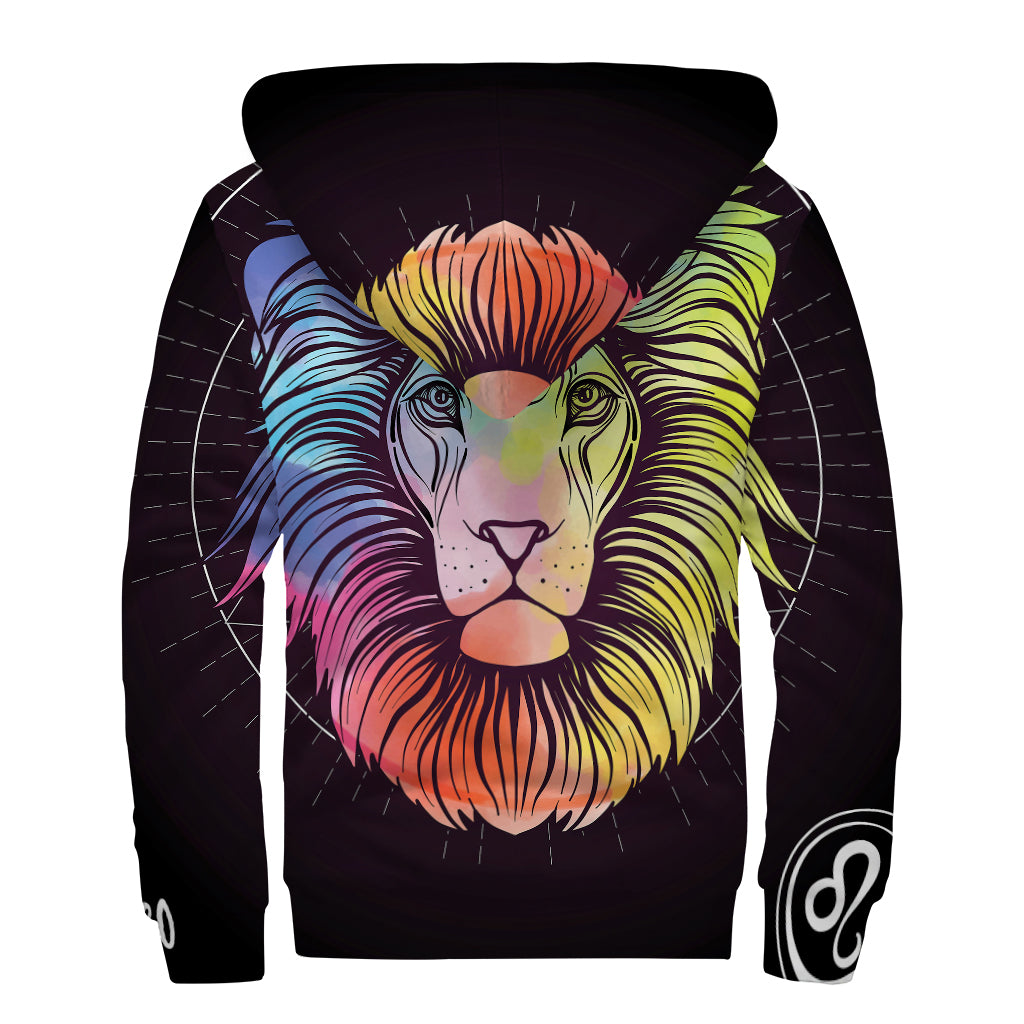 Colorful Leo Sign Print Sherpa Lined Zip Up Hoodie